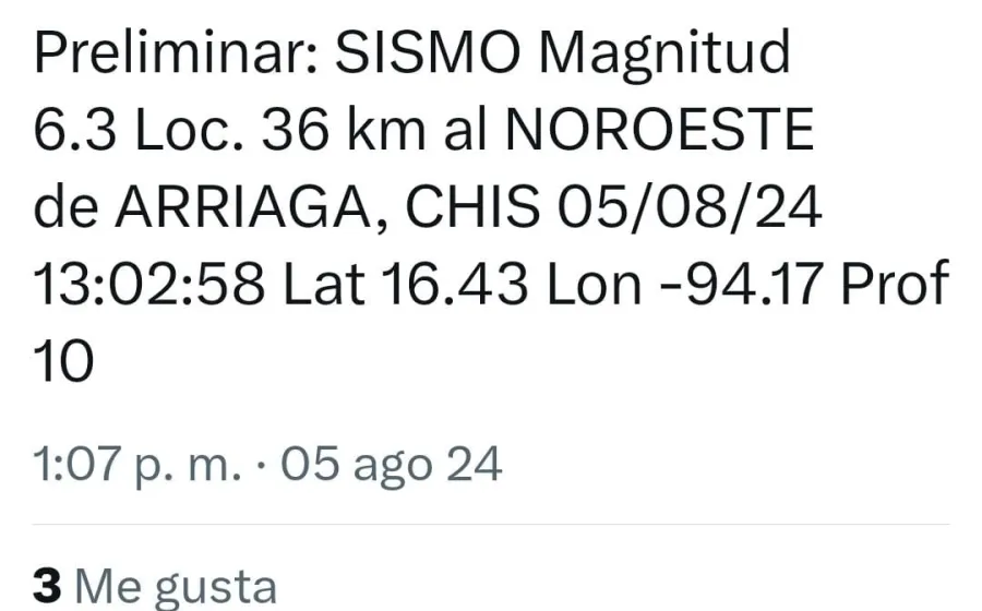 Pasadito de las 13:00 horas de este lunes se registró un sismo con epicentro en Arriaga, Chiapas.