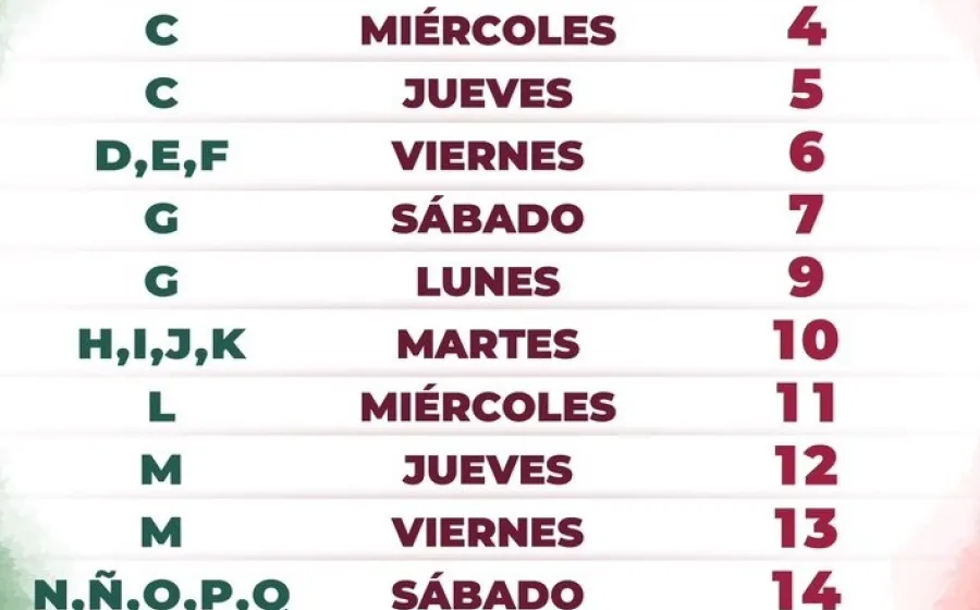 El calendario de pagos, de acuerdo con la inicial del primer apellido. 