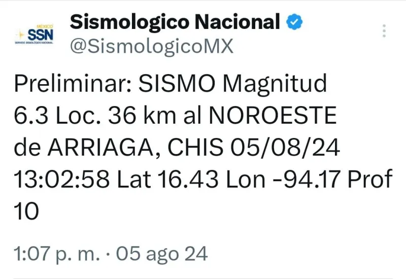 Pasadito de las 13:00 horas de este lunes se registró un sismo con epicentro en Arriaga, Chiapas.