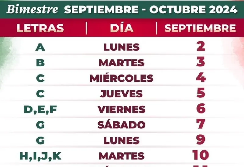 El calendario de pagos, de acuerdo con la inicial del primer apellido. 